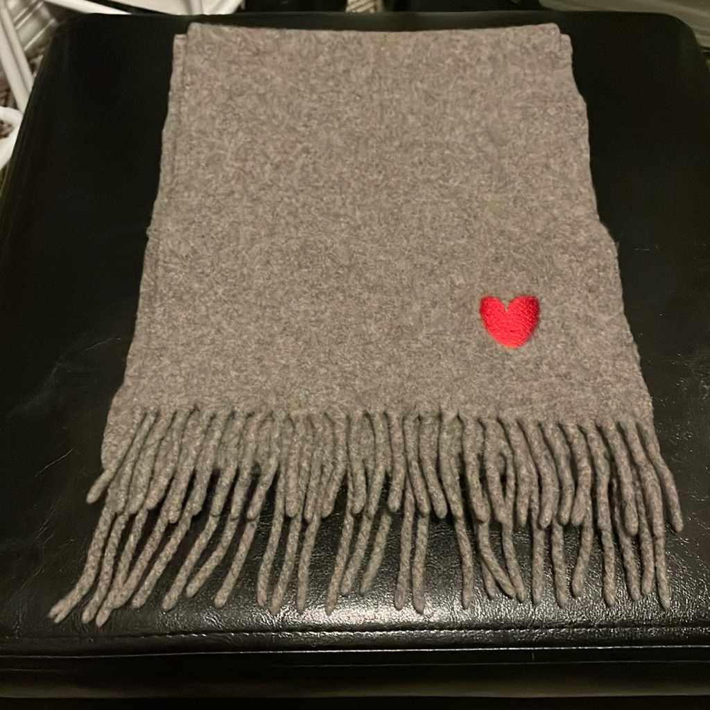 Moschino 100% Merino Wool Gray Scarf Embroidered Red Heart W/ Fringe